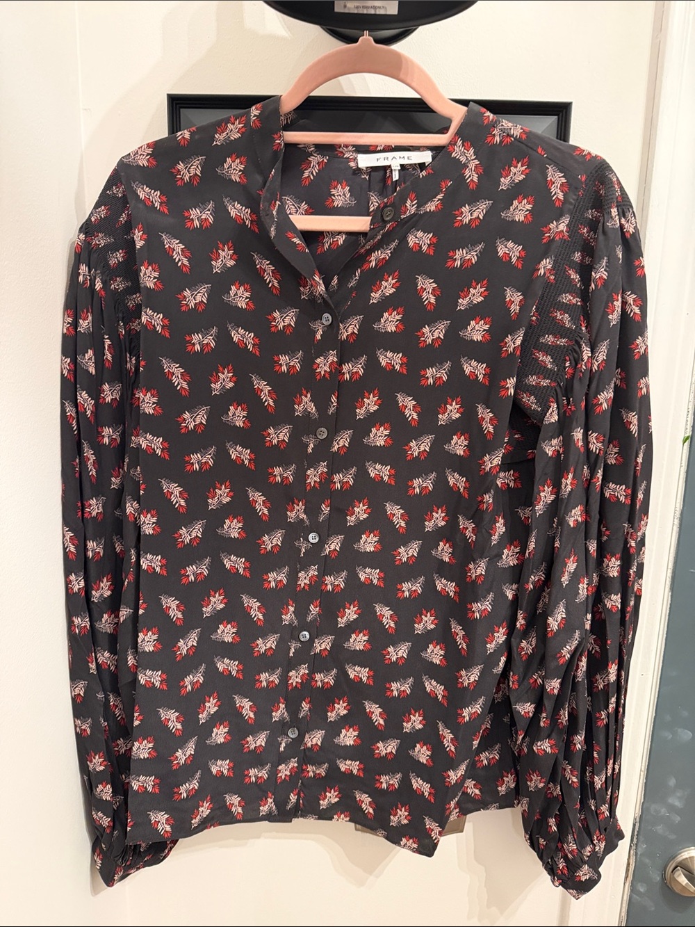Frame Denim Black Button-Down Shirt with Red and Cream Floral Print